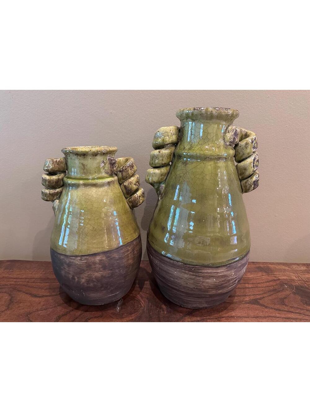 Green Pottery Vases with Unique Coiled Handles, Set of 2